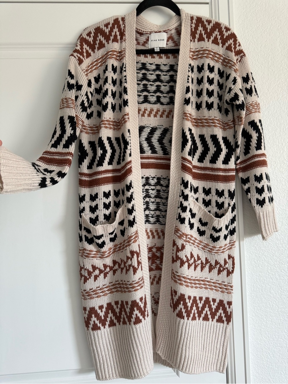 PINK ROSE, Boho Tribal Printed Open-Front Long Cardigan Sweater, Womens XS